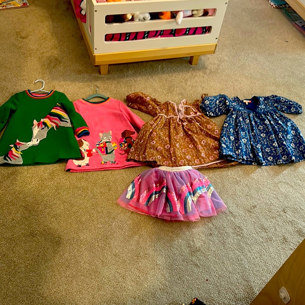 2 Boden dresses size 2-3t, two Pink Chicken designer tunic dresses 2y, and tutu